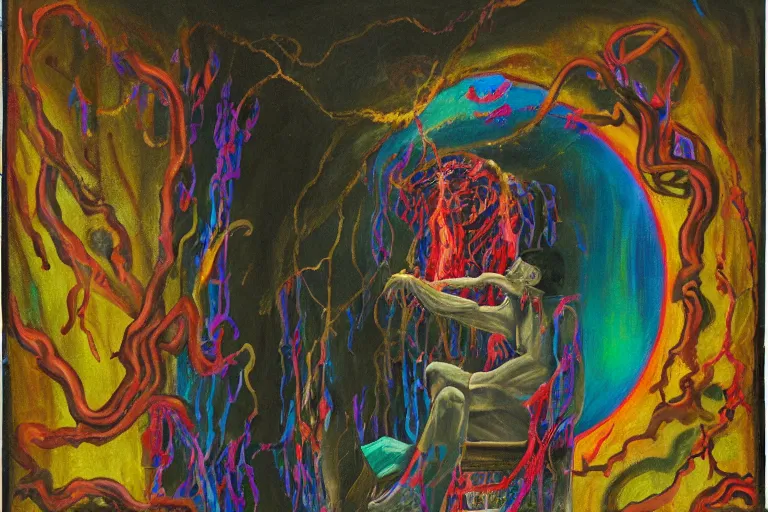 Prompt: painting of a bleeding man sitting at the edge of a portal into the astral plane. the portal is inside a cold, decrepit house. through the portal we see a vibrant tower of a thousand colors. the man is being squeezed by black tentacles.