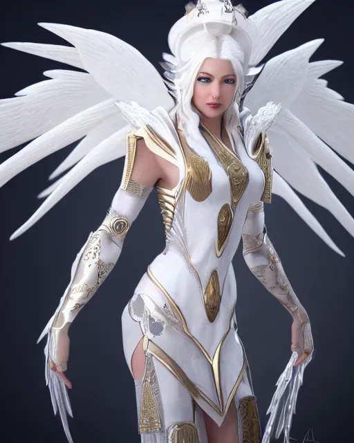 Image similar to perfect white haired egyptian goddess wearing white dove wings, warframe armor, regal, attractive, ornate, sultry, beautiful, charlize theron, half asian, pretty face, blue eyes, detailed, scifi platform, 4 k, ultra realistic, epic lighting, cinematic, masterpiece, art by akihito tsukushi, voidstar, trending on artstation