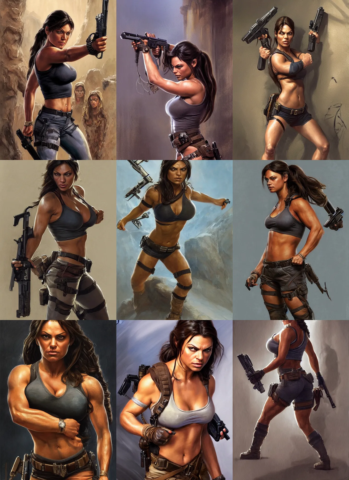 Image similar to portrait of very muscled Mila Kunis as Lara Croft with pistols drawn hiding from a few scary creepy mummies, elegant, highly detailed, centered, digital painting, artstation, concept art, artgerm, donato giancola, Joseph Christian Leyendecker, WLOP, Boris Vallejo, Artgerm