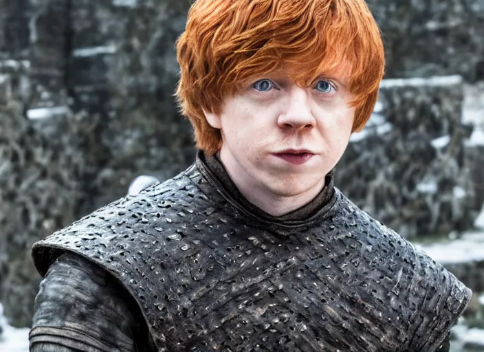 Image similar to handsome ron weasley in game of thrones, attractive rupert grint in game of thrones, handsome portrait of the actor, live action film, cinematic photo, clear hd image