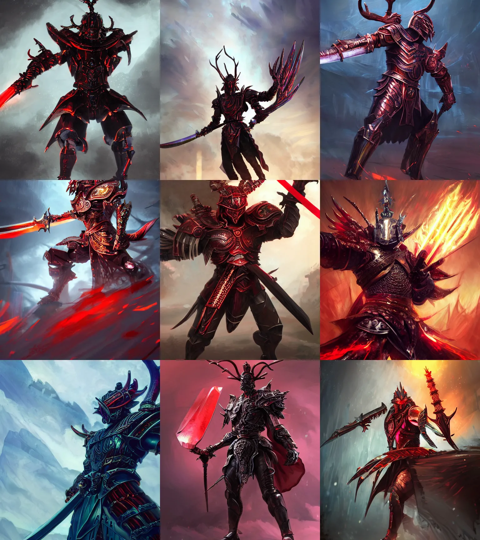 Prompt: legendary warrior king, body of red thick iridescent metal scales, ominous, cybernetic genius, powerful god, battle stance, action pose, brandishing sword, 3 d concept artwork, obsidian gothic sharp antlers helmet, gritty, matte, fire, intricate, rich iridescent specular colors, makoto shinkai, greg rutkowski, colorful, hd