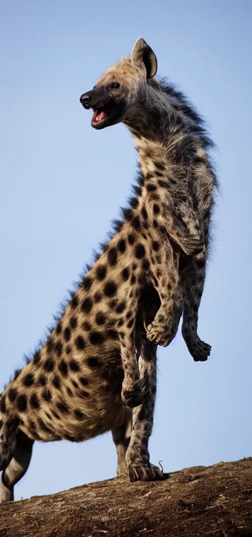 Prompt: hyena with a super long neck extending into the sky,