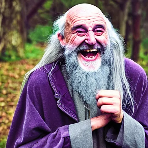 Prompt: an old druid wizard, bald, bushy grey eyebrows, long grey hair, disheveled, wise old man, wearing a grey wizard hat, wearing a purple detailed coat, a bushy grey beard, sorcerer, he is a mad old man, laughing and yelling