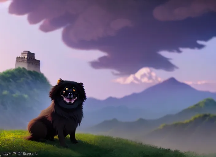 Image similar to a wholesome animation key shot of a black tibetan spaniel, great wall of china in the background, studio ghibli, pixar and disney animation, sharp, rendered in unreal engine 5, anime key art by greg rutkowski, bloom, dramatic lighting