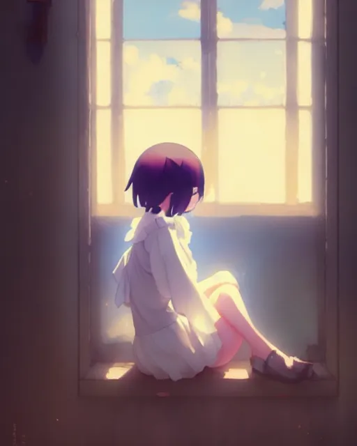 Image similar to a cute stylized thicc ghost, sitting on a windowsill of an old house, dramtic lighting, calming ， by makoto shinkai an krenz cushart