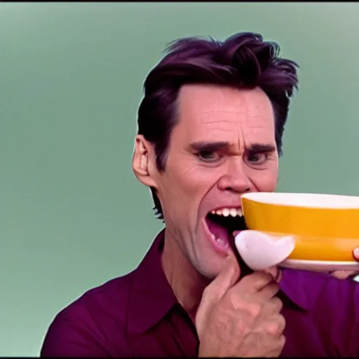 Image similar to a cinematic shot of Jim Carrey eating from a bowl of cereal, film grain, 8k