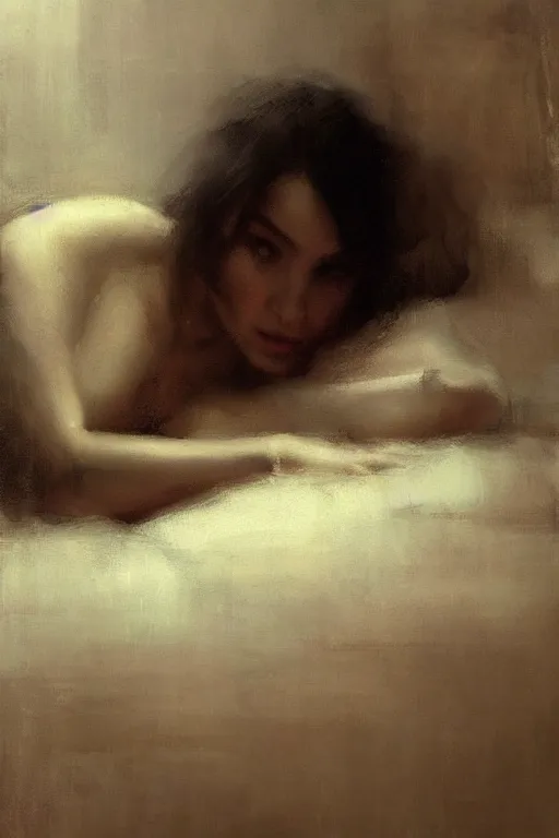 Prompt: detailed cinematic moody colors studio portrait of the memories of a sensual lady in bed, high quality by jeremy mann, only one head single portrait