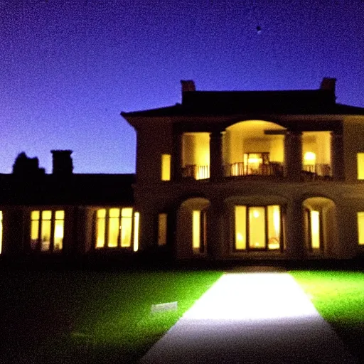 Prompt: A very low quality nokia picture with flash on of a mansion at night