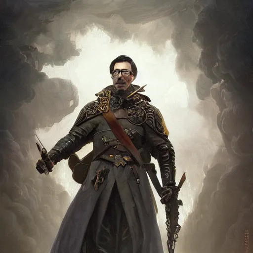 Image similar to portrait of stoic looking john oliver as the vigo carpathian painting, military uniform, fantasy, intricate, elegant, beautiful, highly detailed, centered, dark, smokey, digital painting, artstation, concept art, smooth, sharp focus, illustration, art by artgerm and greg rutkowski and alphonse mucha