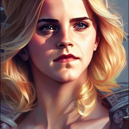 Prompt: Blonde Emma Watson as Super Girl, western, D&D, fantasy, intricate, elegant, highly detailed, digital painting, artstation, concept art, matte, sharp focus, illustration, art by Artgerm and Greg Rutkowski and Alphonse Mucha