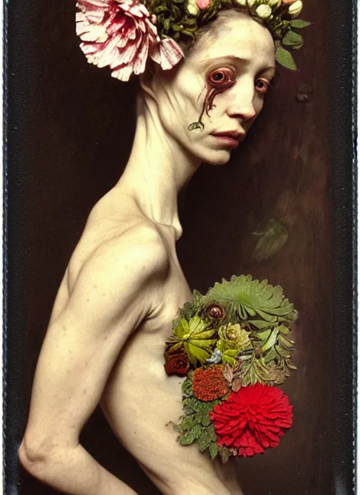 Image similar to beautiful and detailed rotten woman made of plants and many types of stylized flowers like carnation, chrysanthemum, roses and tulips, intricate, surreal, john constable, guy denning, gustave courbet, caravaggio, romero ressendi, vladimir volegov 1 9 1 0 polaroid photo