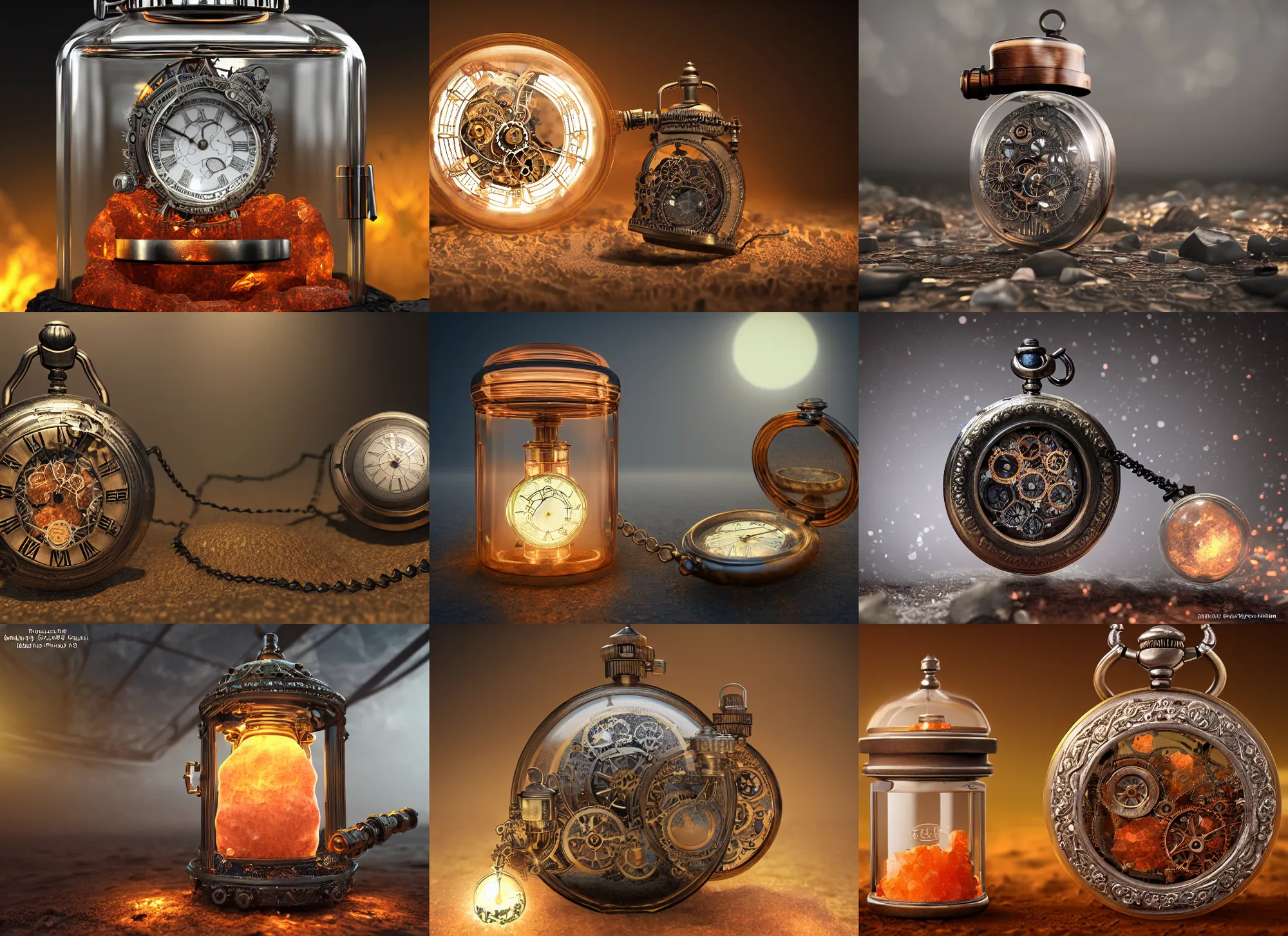 Prompt: steampunk himalayan rocksalt lamp pocketwatch inside a glass jar half - buried in sands of time, intricate detail, hyper detailed, ultra realistic, sharp focus, octane render, lantern, volumetric, ray tracing, artstation trending, moon, pocketwatch, cgsociety, sense of awe, swirling mist, moon, 4 k