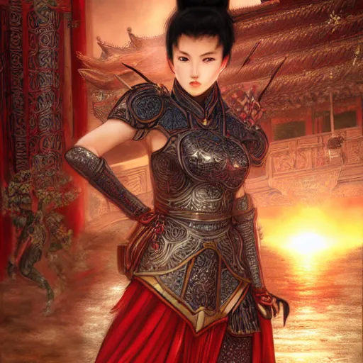 Prompt: portrait black hair young knights of Dynasty Warriors girl, metallic red armor, in ruin chinese temple rooftop sunset, ssci-fi and fantasy, intricate and very beautiful and elegant, highly detailed, digital painting, soft light, artstation, concept art, smooth and sharp focus, illustration, art by tian zi and WLOP and alphonse mucha