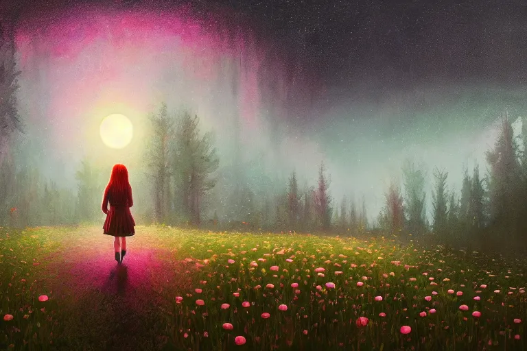 Image similar to giant daisy flower head, girl walking in a moonlit forest, hills, surreal photography, dark night, star trails, dramatic light, impressionist painting, clouds, digital painting, artstation, simon stalenhag