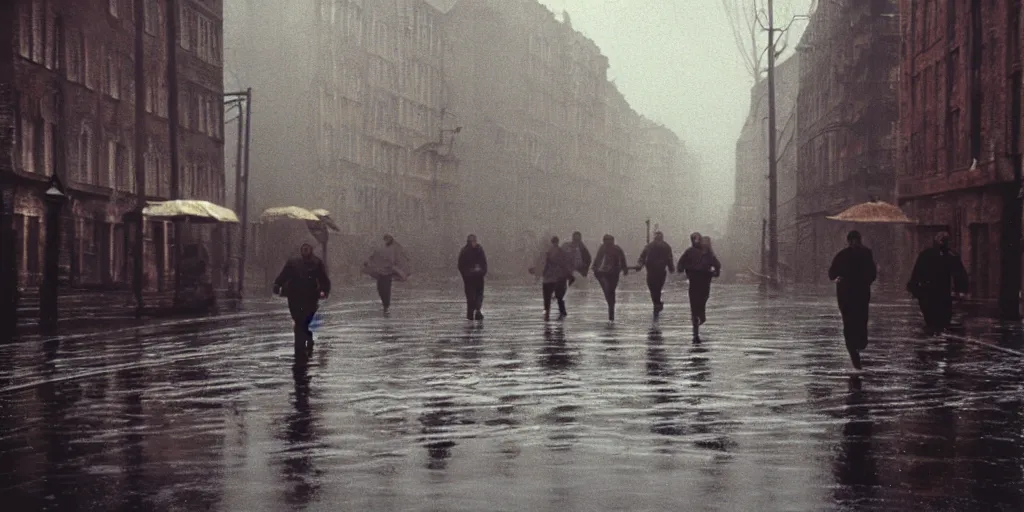 Prompt: detailed medium format photo, polaroid still from tarkovsky movie, people running on wet street by buildings in city, haze, high production value, intricate details, 8 k resolution, hyperrealistic, hdr, photorealistic, high definition, technicolor, award - winning photography, masterpiece, amazing colors