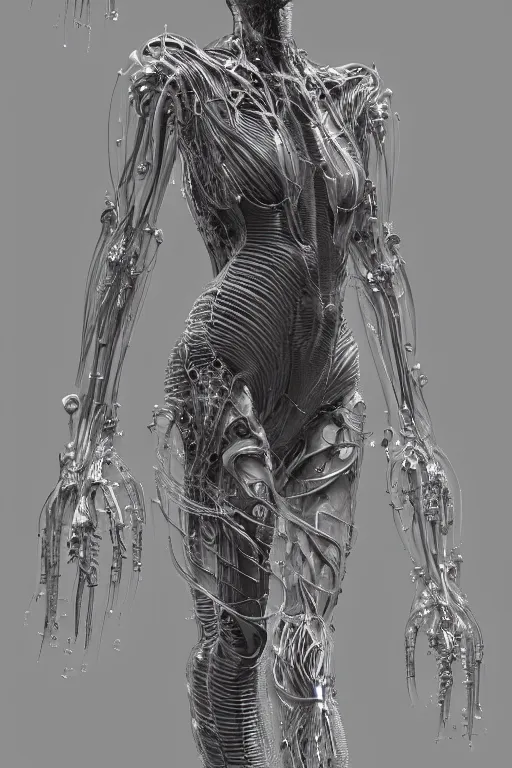 Image similar to iris van herpen, perfect symmetrical body, full body shot, inflateble shapes, wires, tubes, veins, jellyfish, white biomechanical details, wearing epic bionic cyborg implants, masterpiece, intricate, biopunk, vogue, highly detailed, artstation, concept art, cyberpunk, octane render