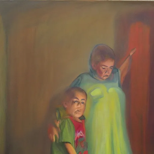 Image similar to every child's worst fear, oil on canvas,