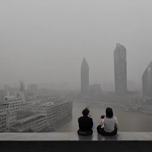 Image similar to a small rooftop with a couple of people sitting and watching the view, wearing black modern clothes, messy hair, modern shanghai bund in smog is on the background, sunset, pale colors, by gregory crewdson