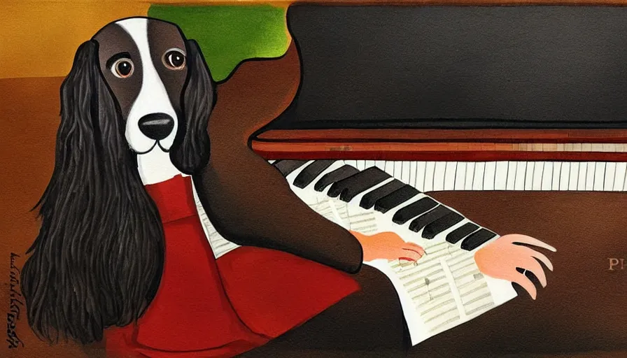 Image similar to sprocker Spaniel , playing a piano.Martini on the side, illustration. Artwork. Niore