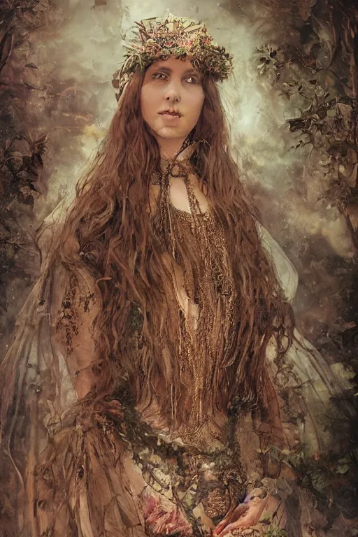 Image similar to An extremely beautiful pre-raphaelite intricate ultradetailed ornate portrait of a very beautiful elegant witch, regal, digital art painting, smooth, sharp focus, magazine art cover illustration, award winning picture, extremely detailed masterpiece, sense of awe, featured on Artstation, Artgerm, ethereal bubbles, Aetherpunk, atmospheric lightning, backlit, concept art, Exquisite matte painting, floral details, 8K detail post-processing