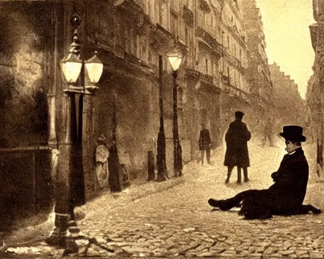 Image similar to a ragged clothed man begging on a street in early 2 0 th century paris. he has a top hat. street lights. evening. warm atmosphere. epic scene.