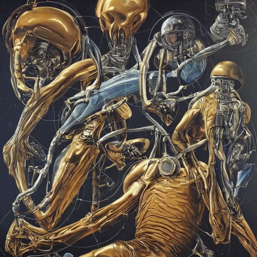 Image similar to an alien anatomy diagram of an astronaut. pulp sci - fi art for omni magazine. high contrast. baroque period, oil on canvas. renaissance masterpiece. trending on artstation. retrofuturism.