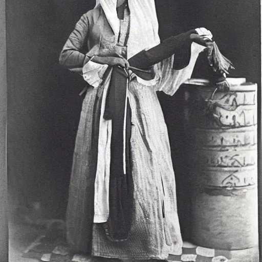 Image similar to elite egyptian woman at a french tailor in cairo, vintage photo, soft lighting, 1 8 9 0