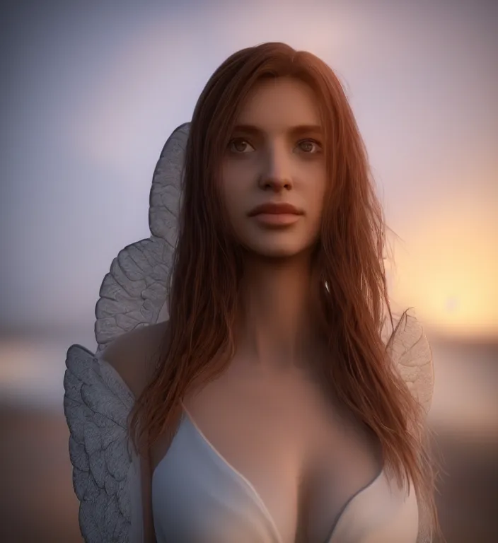 Image similar to centered waist up portrait of an angel, bokeh + DOF + 8k, photorealistic + rendered in unreal engine + ultra realistic + backlit + strong rimlight, sunset + HDRI, HD, Photoreal , trending on artstation