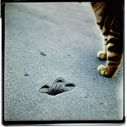 Image similar to wide-shot very low-angle eyesight first-person!! cat's paw prints on fresh cement at the street, polaroid photo, by Andy Warhol