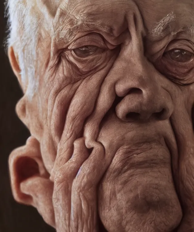 Image similar to hyperrealistic close up studio portrait of aging old Jimmy Carter age 103 wrinkled sorrowful, oil painting by Ivan Albright and Lucian Freud and Ron Mueck, trending on artstation Studio lighting hyperrealism