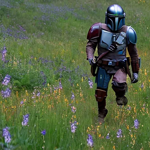 Image similar to mandalorian skipping through field of wildflowers, stunning cinematography, light diffusion