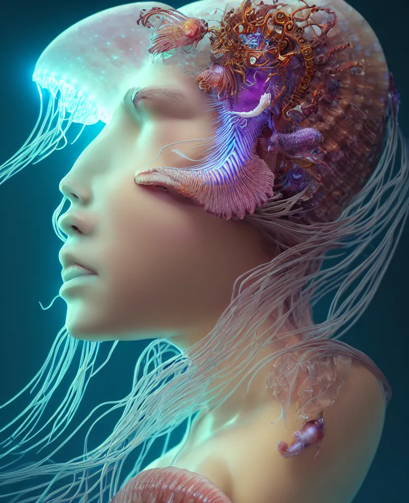 Image similar to goddess close-up portrait. orchid jellyfish phoenix head, nautilus, skull, betta fish, bioluminiscent creatures, intricate artwork by Tooth Wu and wlop and beeple. octane render, trending on artstation, greg rutkowski very coherent symmetrical artwork. cinematic, hyper realism, high detail, octane render, 8k