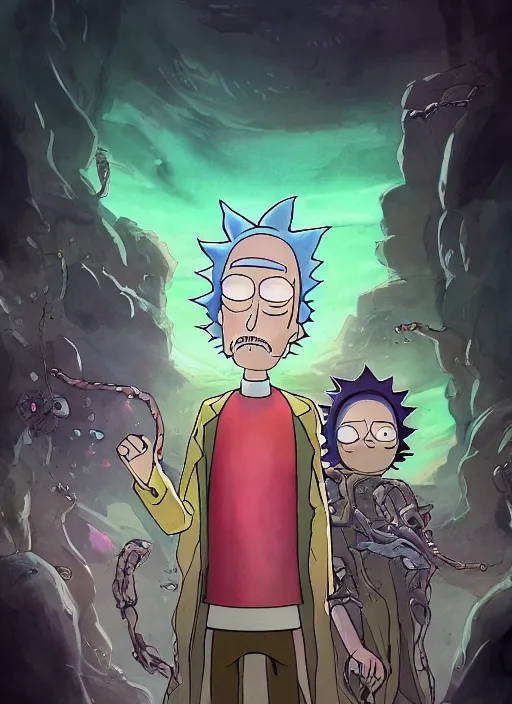 Image similar to portrait, Rick and Morty, watercolor, dramatic lighting, cinematic, establishing shot, extremly high detail, foto realistic, cinematic lighting, pen and ink, intricate line drawings, by Yoshitaka Amano, Ruan Jia, Kentaro Miura, Artgerm, post processed, concept art, artstation, matte painting, style by eddie mendoza, raphael lacoste, alex ross