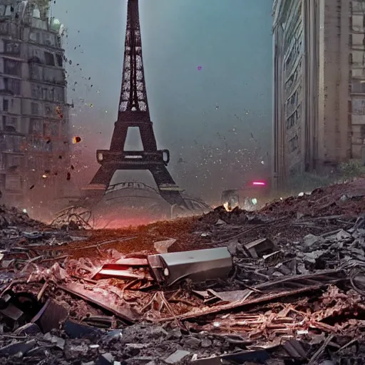 Image similar to A beautiful intricate 8K award-winning ground-level cinematic movie photograph of the future rusting rubble of the fallen and decimated Eiffel Tower, lying in pieces on the ground, surrounded by neon and collapsing corporate video billboard displays. in the year 2050, by Bruno Delbonnel and greg rutkowski. octane render, Arri Alexa 65. Cinematic lighting