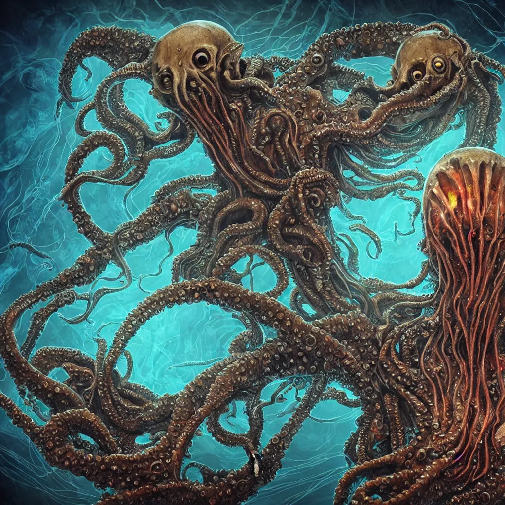 Image similar to close-up macro portrait of a Cthulhu and other fantastical sea creatures, epic angle and pose, ribcage bones symmetrical artwork, 3d with depth of field, blurred background, cybernetic jellyfish female face skull phoenix bird, translucent, nautilus, energy flows of water and fire. a highly detailed epic cinematic concept art CG render. made in Maya, Blender and Photoshop, octane render, excellent composition, cinematic dystopian brutalist atmosphere, dynamic dramatic cinematic lighting, aesthetic, very inspirational, arthouse. Greg Rutkowski, Ilya Kuvshinov, WLOP, Stanley Artgerm Lau, Ruan Jia and Fenghua Zhong