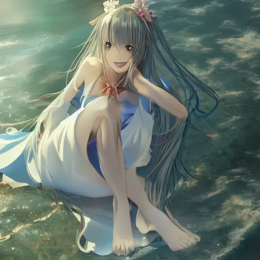 Prompt: a very beautiful anime girl wearing a dress made of water sitting on the edge of a azure blue crystal riverbed , full body, long white hair with azure blue highlights blending into the dress , azure blue watery eyes, full round face, seductive over the shoulder glances , lens flare, cinematic lighting, medium shot, mid-shot, highly realistically detailed, trending on artstation, Unreal Engine 4k, Stanley Artgerm Lau, WLOP, Rossdraws, James Jean, Andrei Riabovitchev, Marc Simonetti, and Sakimichan
