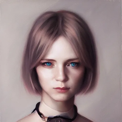 Image similar to portrait of a woman, blonde, short hair, choker, by mandy jurgens