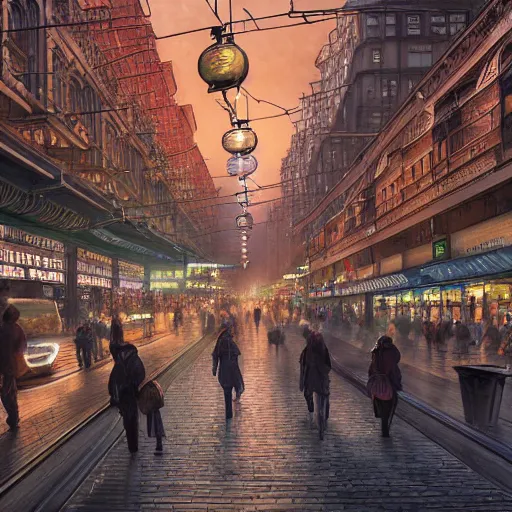 Prompt: ultra realistic illustration and highly detailed digital render of a intricate busy street by the central railway station, inside helsinki, finland, 2 0 2 2, by greg rutkowski and makoto shinkai, nighttime, dark sky, twinkly stars, amazing sky, migrating birds in the sky, colorful street lamps along road, natural stone road, asian style vendors