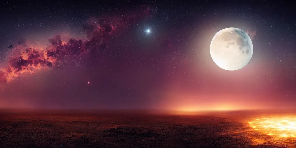 Prompt: moon setting, space, galaxy, milkyway, nebula, Mars, planets, neon, cinematic, realistic, glow, beautiful,