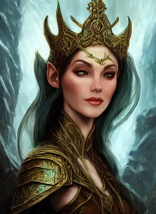 Image similar to elegant beautiful elven queen wearing a crown, ultra detailed fantasy, dndbeyond, bright, colourful, realistic, dnd character portrait, full body, pathfinder, pinterest, art by ralph horsley, dnd, rpg, lotr game design fanart by concept art, behance hd, artstation, deviantart, hdr render in unreal engine 5