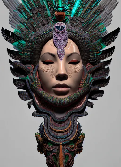 Image similar to 3 d goddess profile portrait. beautiful intricate highly detailed quetzalcoatl mask and feathers. ahuizotl, atotolin, bioluminescent, plasma, lava, ice, water, wind, creature, thunder clouds, artwork by tooth wu and wlop and beeple and greg rutkowski, 8 k trending on artstation,