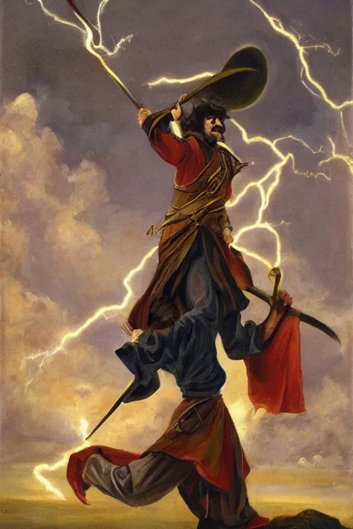 Image similar to oil painting of a wizard holding a sword that’s getting shocked by lightning towards the sky