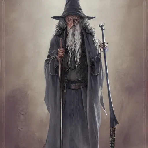 Prompt: gandalf, steampunk, full body, fine details, magic, depth, painted by seb mckinnon, high detail, digital art, painted by greg rutkowski, trending on artstation