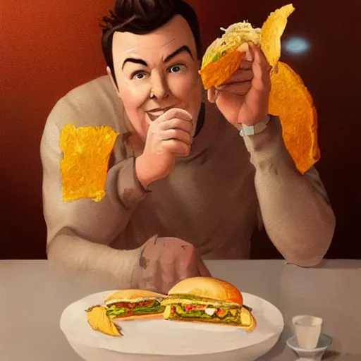 Image similar to hyperrealistic mixed media image of seth macfarlane eating a cheeseburger, stunning 3 d render inspired art by istvan sandorfi and greg rutkowski, perfect facial symmetry, realistic, highly detailed attributes and atmosphere, dim volumetric cinematic lighting, 8 k octane extremely hyper - detailed render, post - processing, masterpiece,