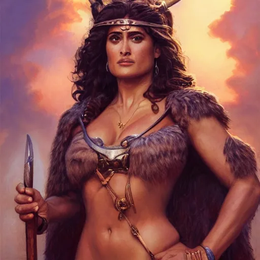 Image similar to a portrait of Salma Hayek as a barbarian, detailed, centered, digital painting, artstation, concept art, donato giancola, Joseph Christian Leyendecker, WLOP, Boris Vallejo, Breathtaking, 8k resolution, extremely detailed, beautiful, establishing shot, artistic, hyperrealistic, beautiful face, octane render