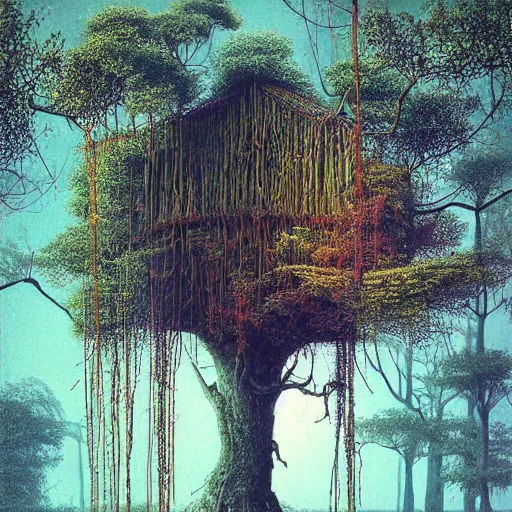 Prompt: a treehouse many branches with with vibrant leaves small round icon digital art by zdzislaw beksinski