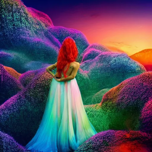 Image similar to A picture of a planet of various colors and plants, in which a human figure dressed in something magical and impressive, inside a picture of infinity, sunset light, Atmospheric Phenomenon art photography