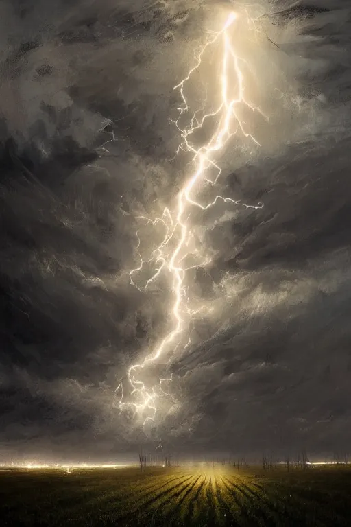 Prompt: Tornado of electricity rips through farmland, digital art, trending on artstation, by Greg Rutkowski, 4k