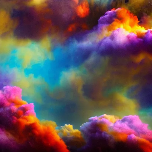 Image similar to film photography of a brown bear swimming through colourful clouds by Kim Keever, low shutter speed, 35mm