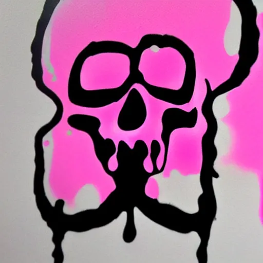 Image similar to a pink cartoon skull spray painted on a black background with dripping pink spray paint, three fourths view, graffiti, black background!!!!!